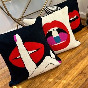 Jonathan Adler Lips Hush Needlepoint throw pillow